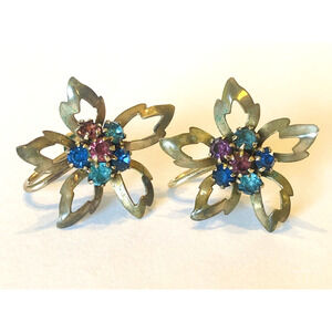 Vtg Pair CRC 1/20 12k GF Gold Filled Multicolor Rhinestone Screwback Earrings